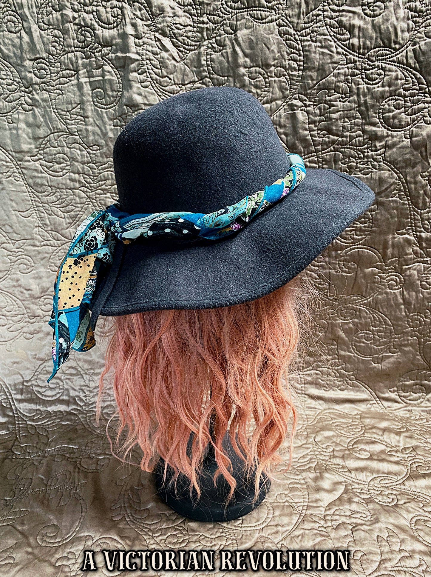 Grey Felt Wide Brim Hat with Patterned Scarf Tie Band