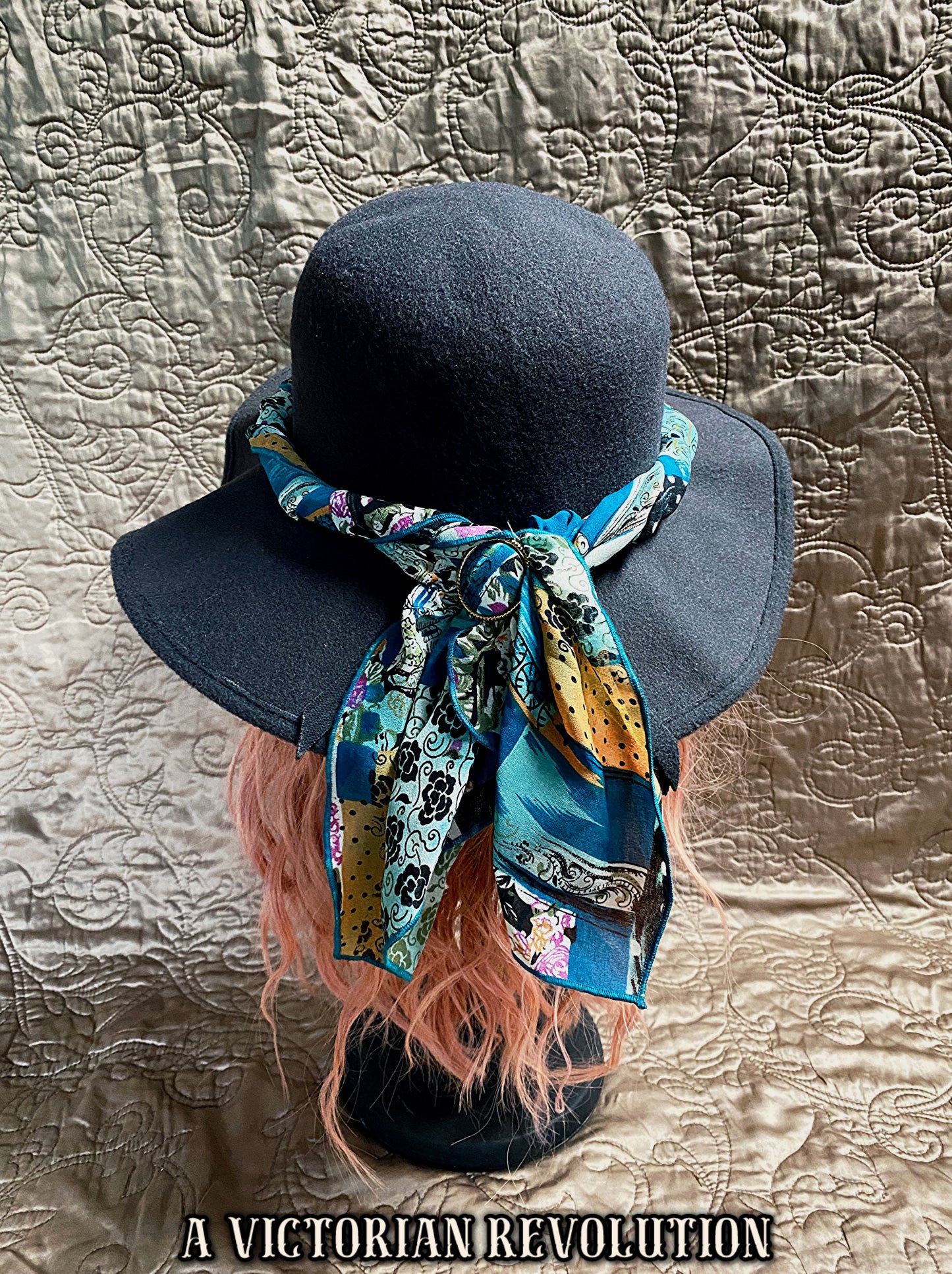 Grey Felt Wide Brim Hat with Patterned Scarf Tie Band