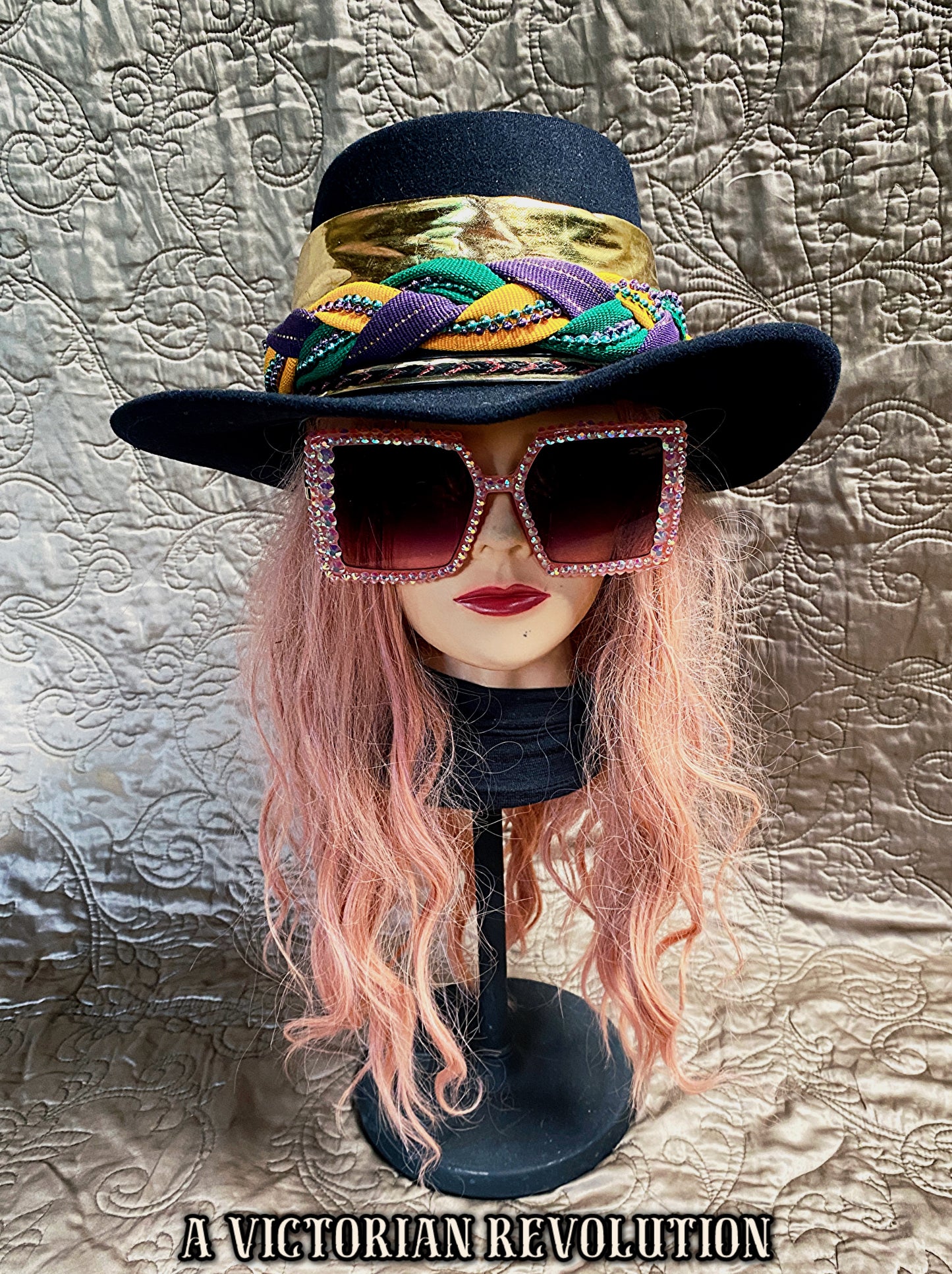 Fabulous Mardi Gras Fedora with Gold, Green + Purple Metallic Band + Beads