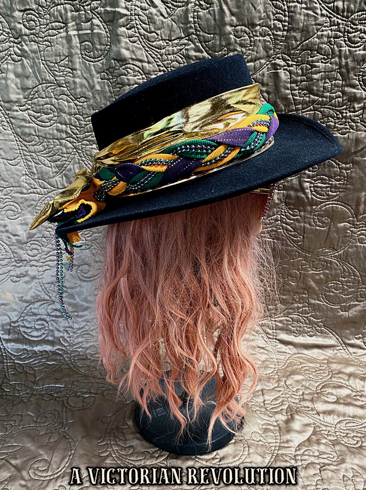 Fabulous Mardi Gras Fedora with Gold, Green + Purple Metallic Band + Beads