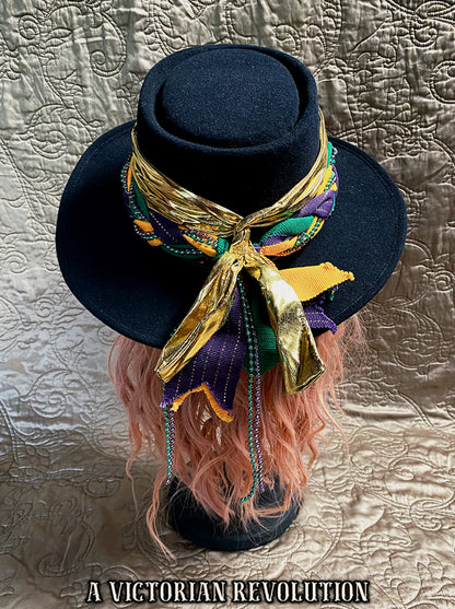Fabulous Mardi Gras Fedora with Gold, Green + Purple Metallic Band + Beads