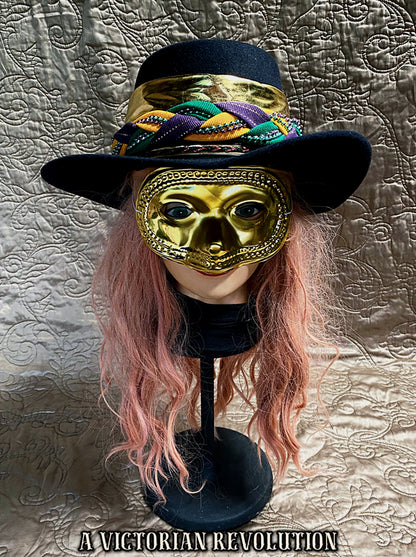 Fabulous Mardi Gras Fedora with Gold, Green + Purple Metallic Band + Beads