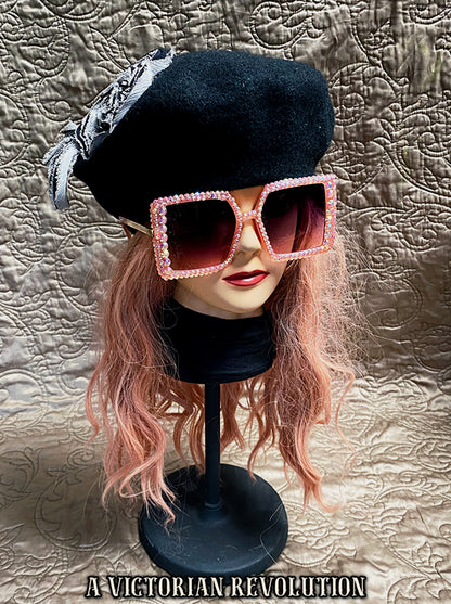 Black Felt Beret with Flower Appliqué