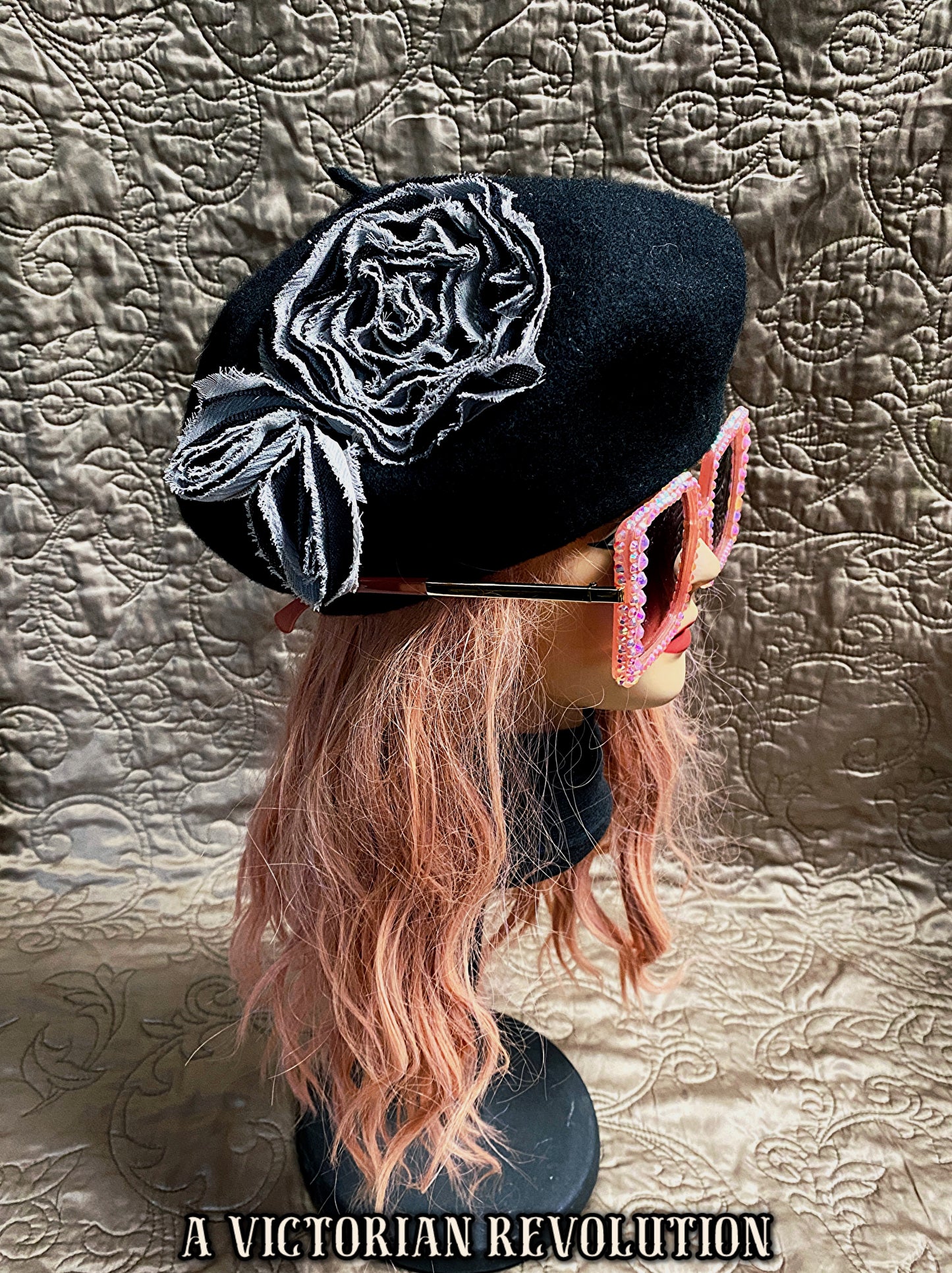 Black Felt Beret with Flower Appliqué