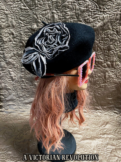Black Felt Beret with Flower Appliqué