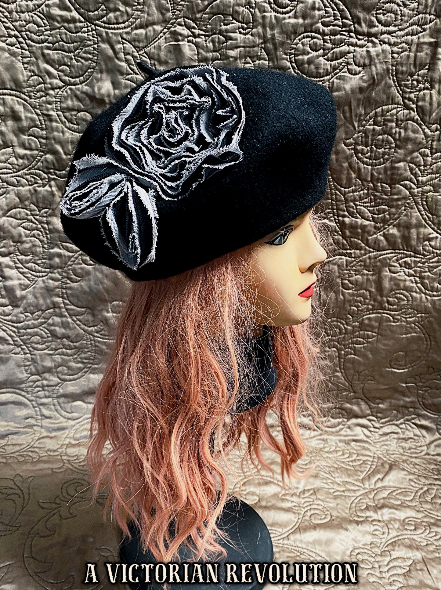 Black Felt Beret with Flower Appliqué
