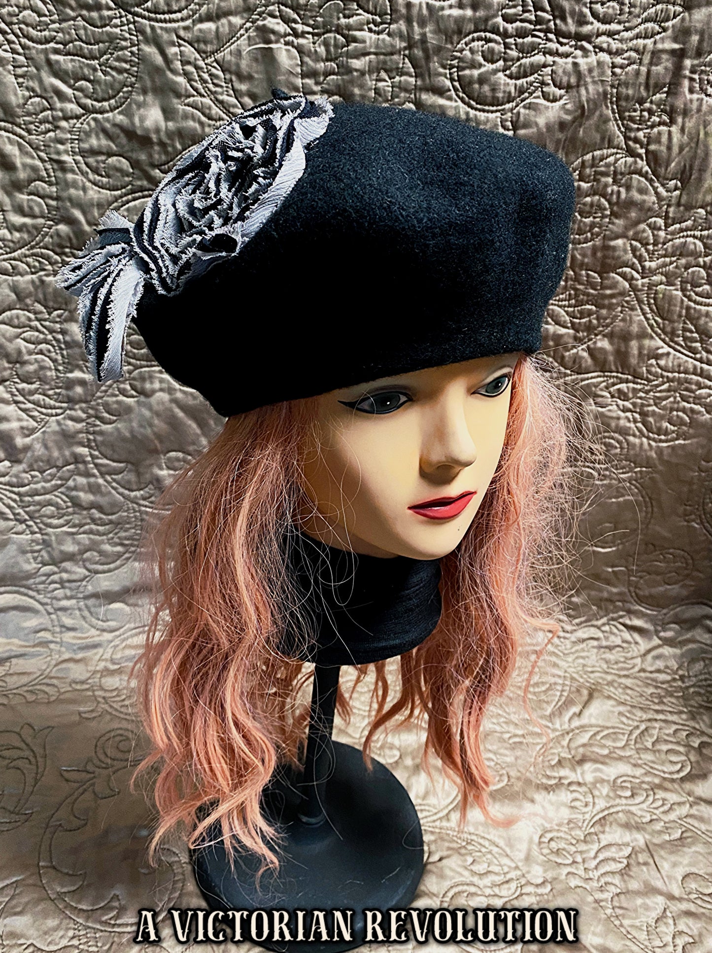 Black Felt Beret with Flower Appliqué