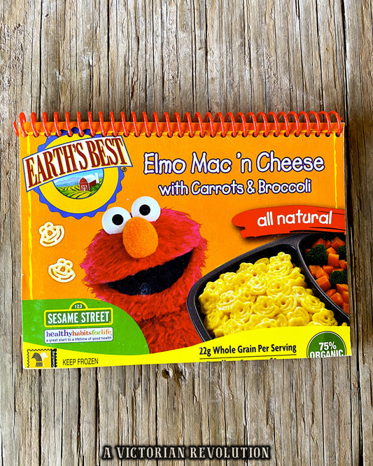 Handmade Upcycled Earth’s Best Elmo Mac 'n Cheese Spiral Notebook – Recycled Sesame Street Journal – Sustainable Eco-Friendly Gift