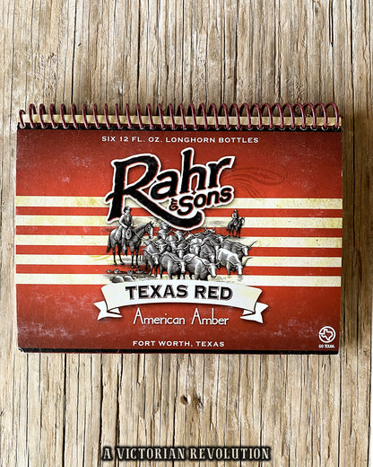 Upcycled Rahr & Sons Texas Red American Amber Beer Packaging Spiral Notebook, Handmade Fort Worth Texas Craft Brewery Stationery, Eco-Friendly Journal for Beer Lovers