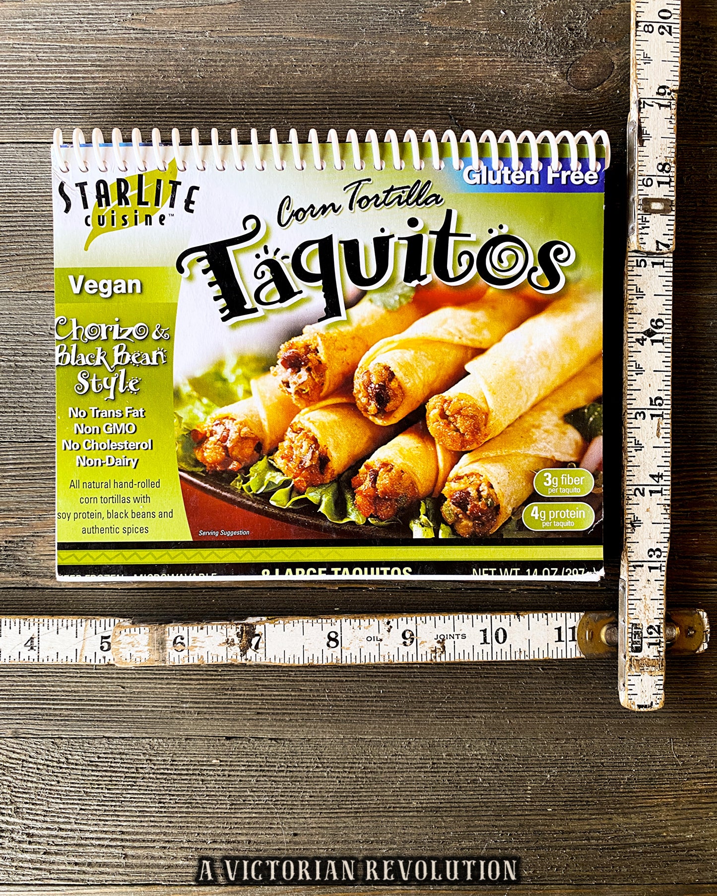 Upcycled Starlite Cuisine Vegan Chorizo + Black Bean Corn Tortilla Taquitos Box Handmade Spiral Notebook Eco-Friendly Plant Based Vegetarian Gift