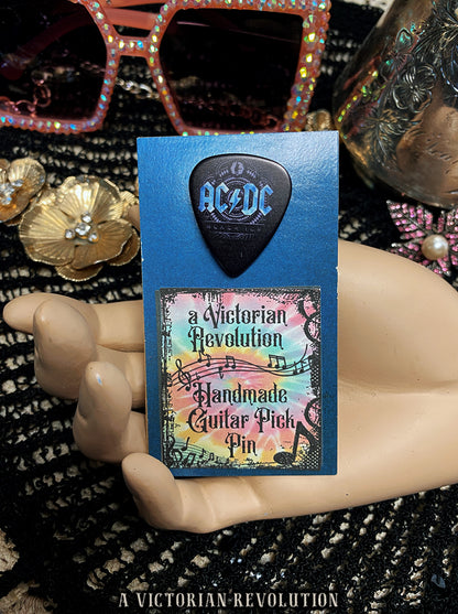 Handmade AC/DC Black Ice Upcycled Guitar Pick Pin - Unique Music Fan Gift - Rock Band Accessory - Repurposed Gear Jewelry - Classic Rock Lapel Pin