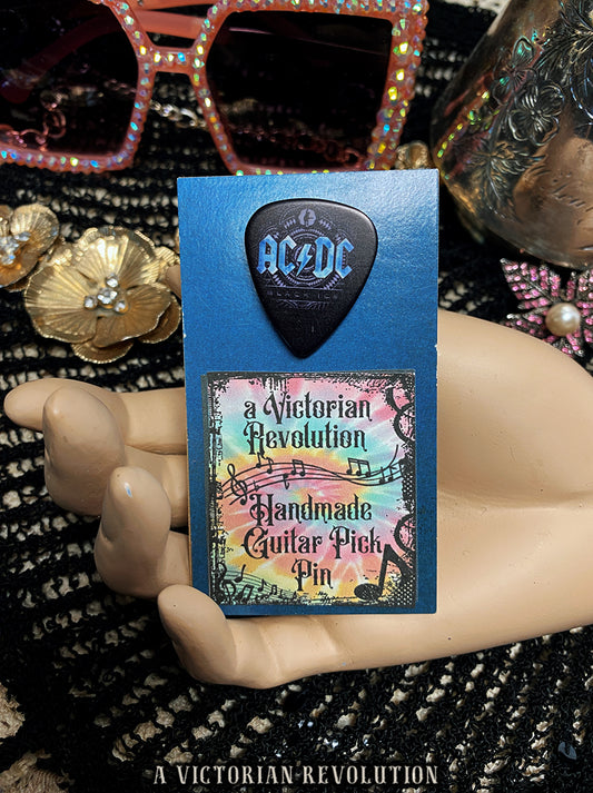 Handmade AC/DC Black Ice Upcycled Guitar Pick Pin - Unique Music Fan Gift - Rock Band Accessory - Repurposed Gear Jewelry - Classic Rock Lapel Pin