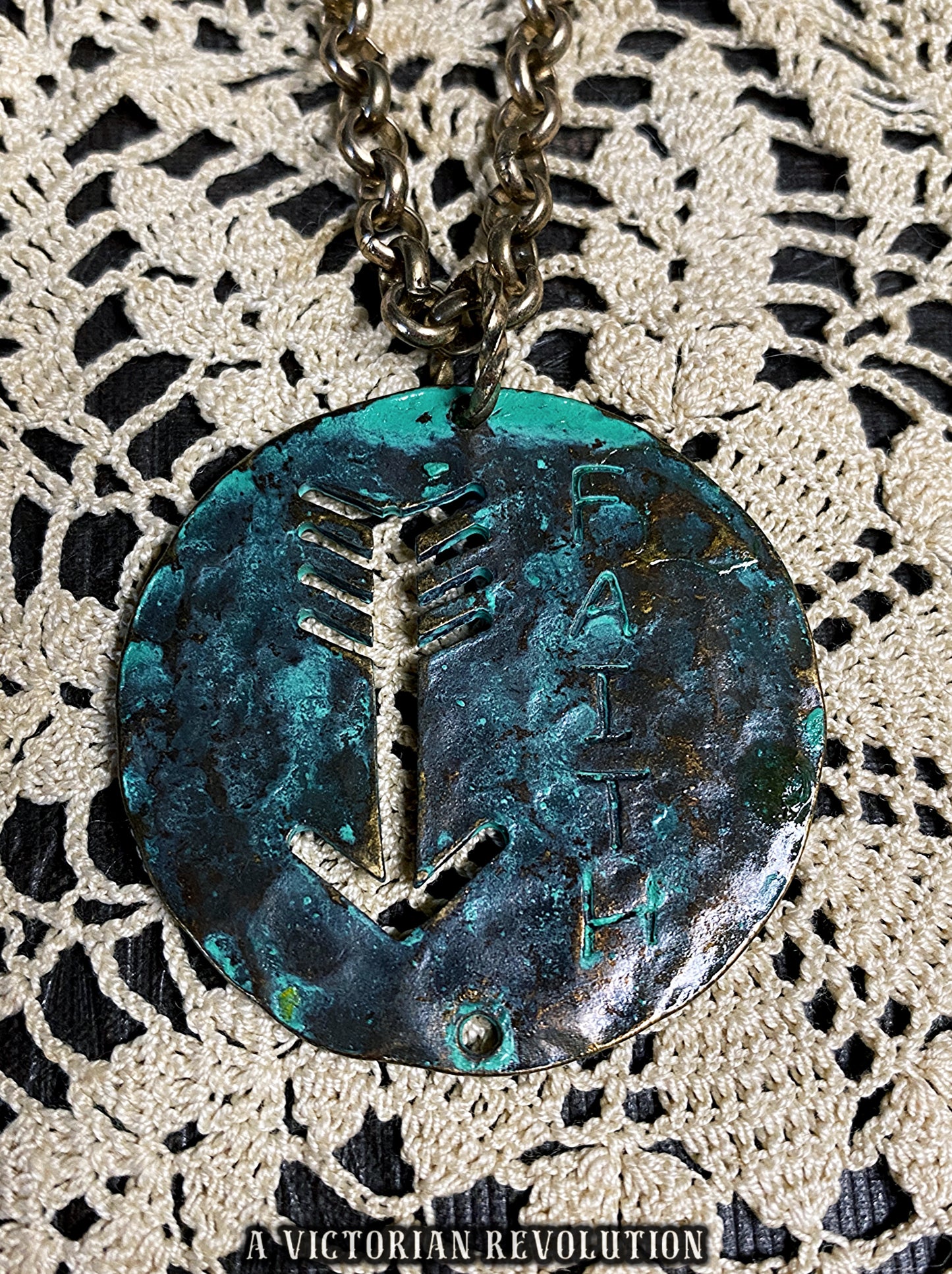 Rustic Verdigris Copper "Faith" Arrow Pendant Necklace – Boho Industrial Grunge Statement Jewelry