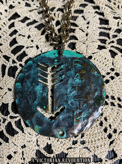 Rustic Verdigris Copper "Faith" Arrow Pendant Necklace – Boho Industrial Grunge Statement Jewelry