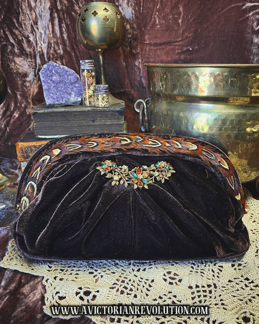 Vintage Brown Velvet Evening Clutch with Pheasant Feather Trim and Jeweled Brooch