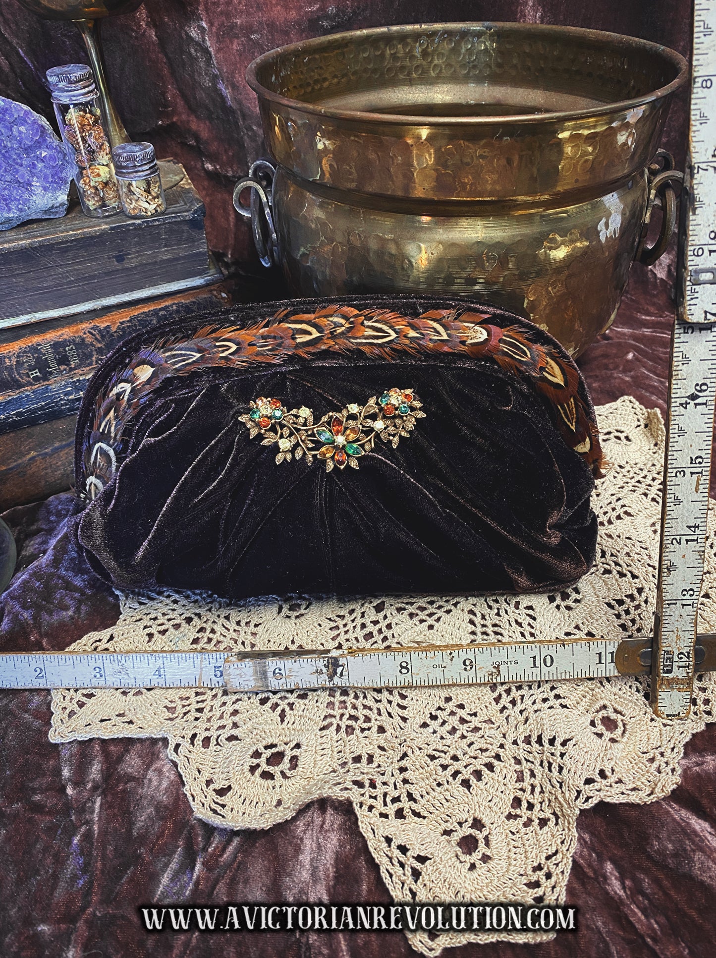 Vintage Brown Velvet Evening Clutch with Pheasant Feather Trim and Jeweled Brooch