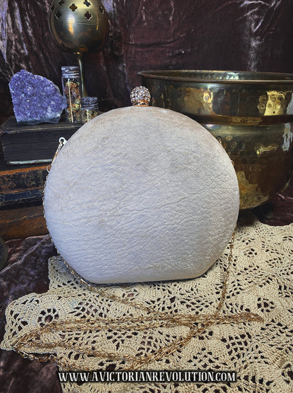 Cream/Beige Embossed Faux Leather Round Hard Shell Clutch - 1990s Y2K Modern Style Used Vintage