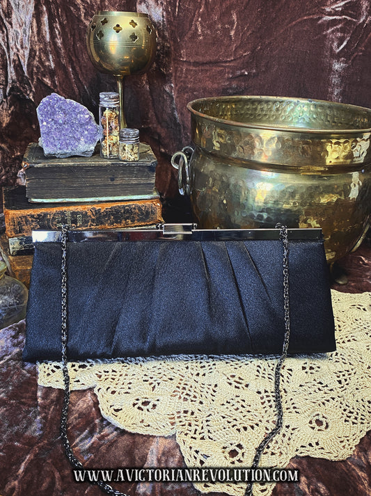 Black Satin Pleated Frame Clutch Gunne Sax 1990s Vintage Evening Bag