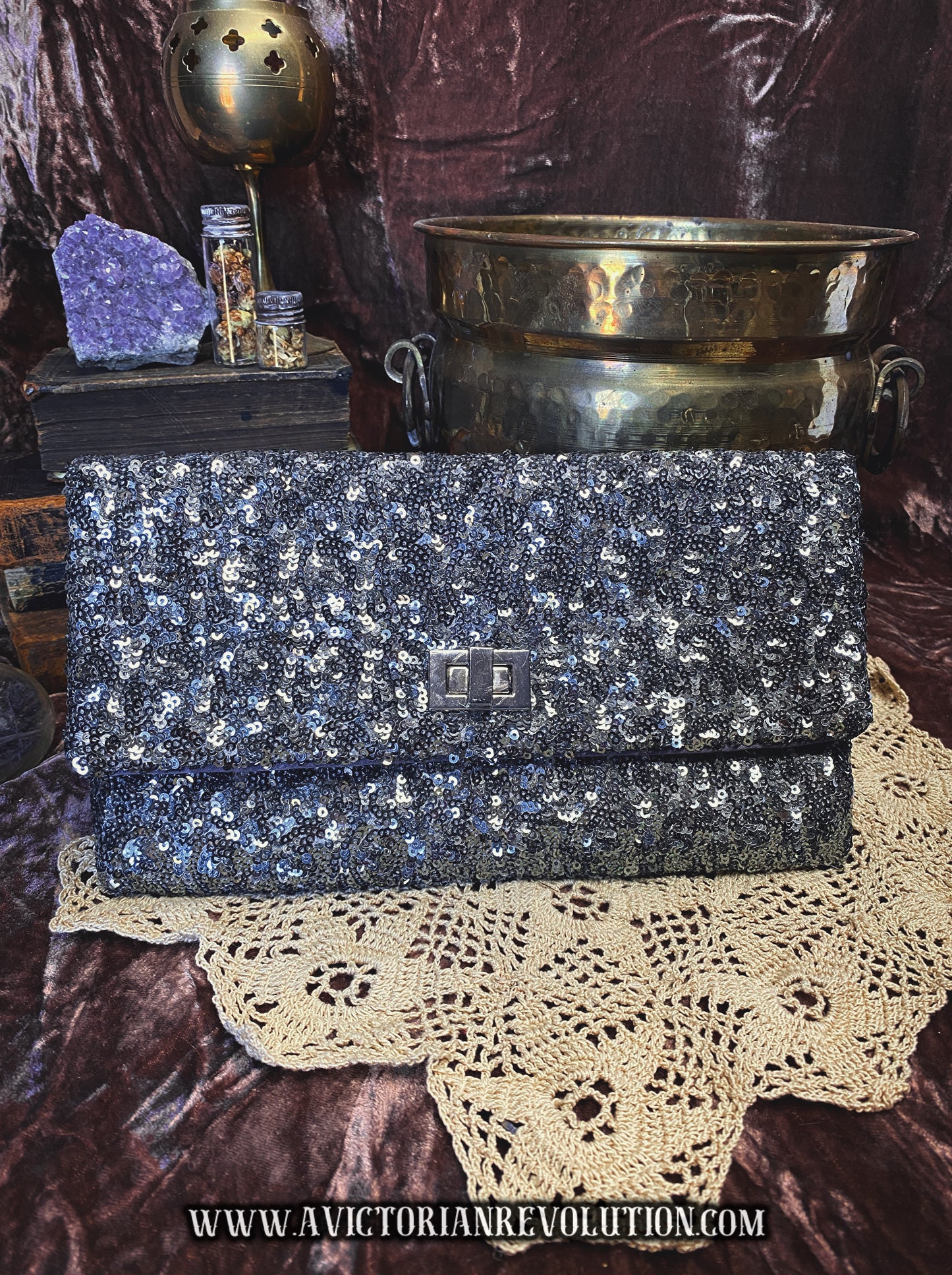 Black and Silver Sequin Foldover Clutch Vintage 1980s Evening Bag