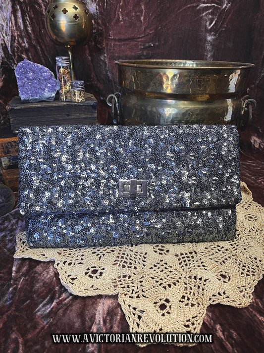Black and Silver Sequin Foldover Clutch Vintage 1980s Evening Bag