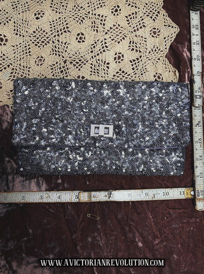 Black and Silver Sequin Foldover Clutch Vintage 1980s Evening Bag