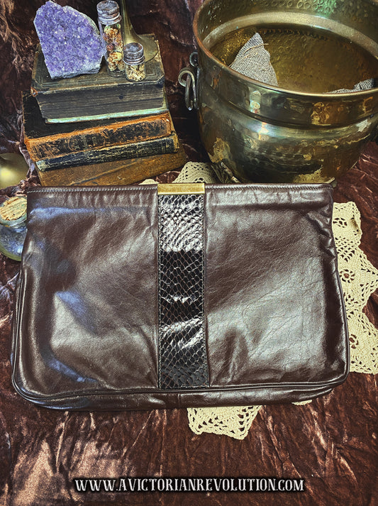 Vintage Chocolate Brown Leather Clutch with Snakeskin Stripe and Gold Hardware