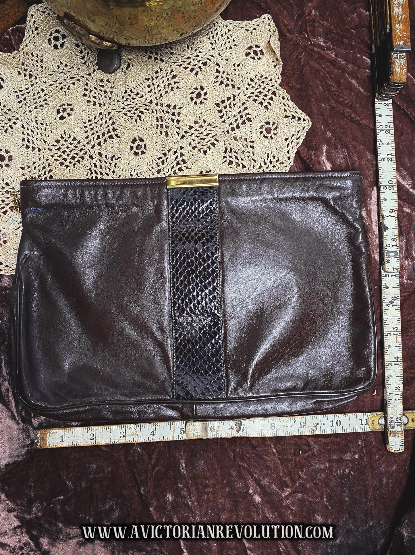 Vintage Chocolate Brown Leather Clutch with Snakeskin Stripe and Gold Hardware