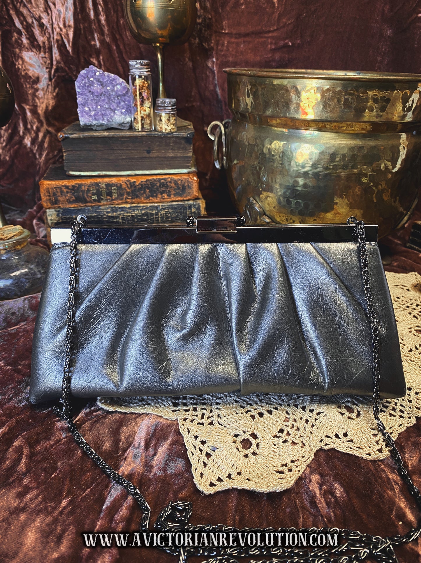Jessica McClintock Black Pleated Faux Leather Vegan Frame Clutch Y2K Vintage Evening Bag