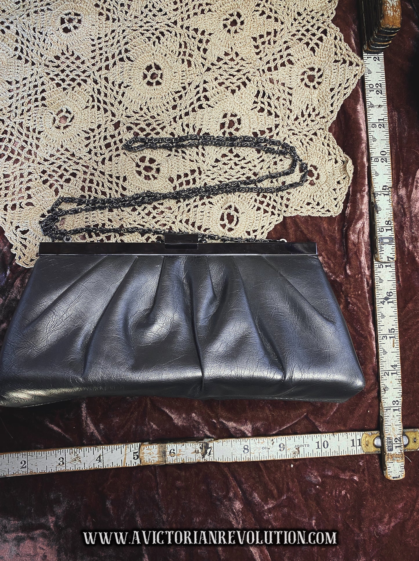 Jessica McClintock Black Pleated Faux Leather Vegan Frame Clutch Y2K Vintage Evening Bag