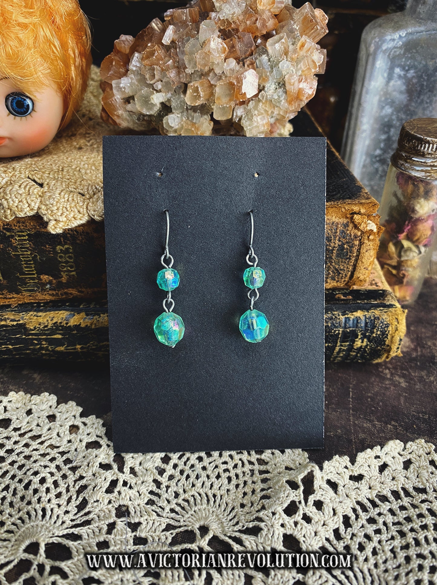 Aqua Green - Iridescent Aurora Borealis - Faceted Lucite Plastic Bead - Double Drop Dangle Earrings - Mid Century Vintage - 1960s Style - Handmade