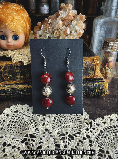 Deep Red Glass and Silver Beaded Dangle Earrings - Boho Tribal Style - Vintage Inspired - Handmade Jewelry, Dark Crimson Glass Beads, Ornate Silver Spacers