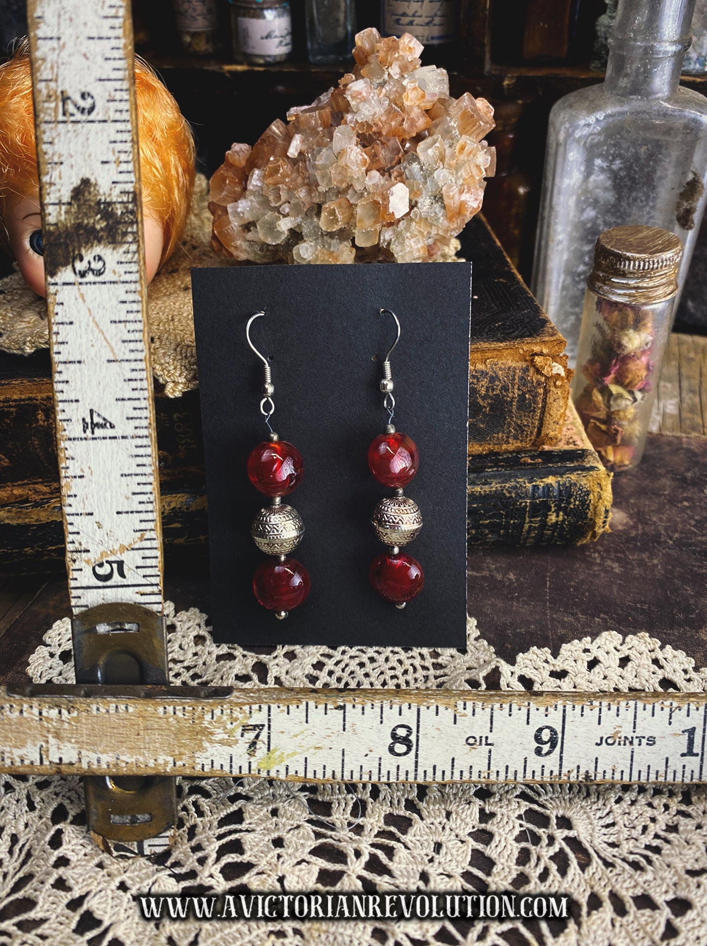 Deep Red Glass and Silver Beaded Dangle Earrings - Boho Tribal Style - Vintage Inspired - Handmade Jewelry, Dark Crimson Glass Beads, Ornate Silver Spacers