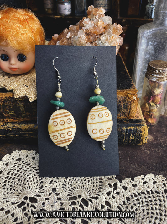 Cream, Tan, and Green – Vintage Carved Bone Dangle Earrings – 1970s Style – Handmade Boho Tribal Style Jewelry – Used Condition