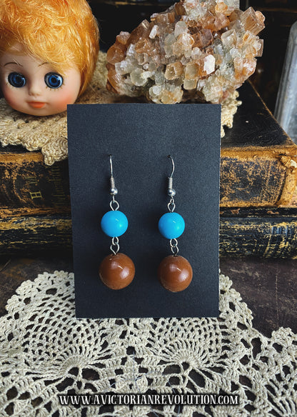 Turquoise and Earthy Brown Double Bead Dangle Earrings - Boho Chic - Vintage 1990s Era - Handmade Style, Used Jewelry, Retro Accessories