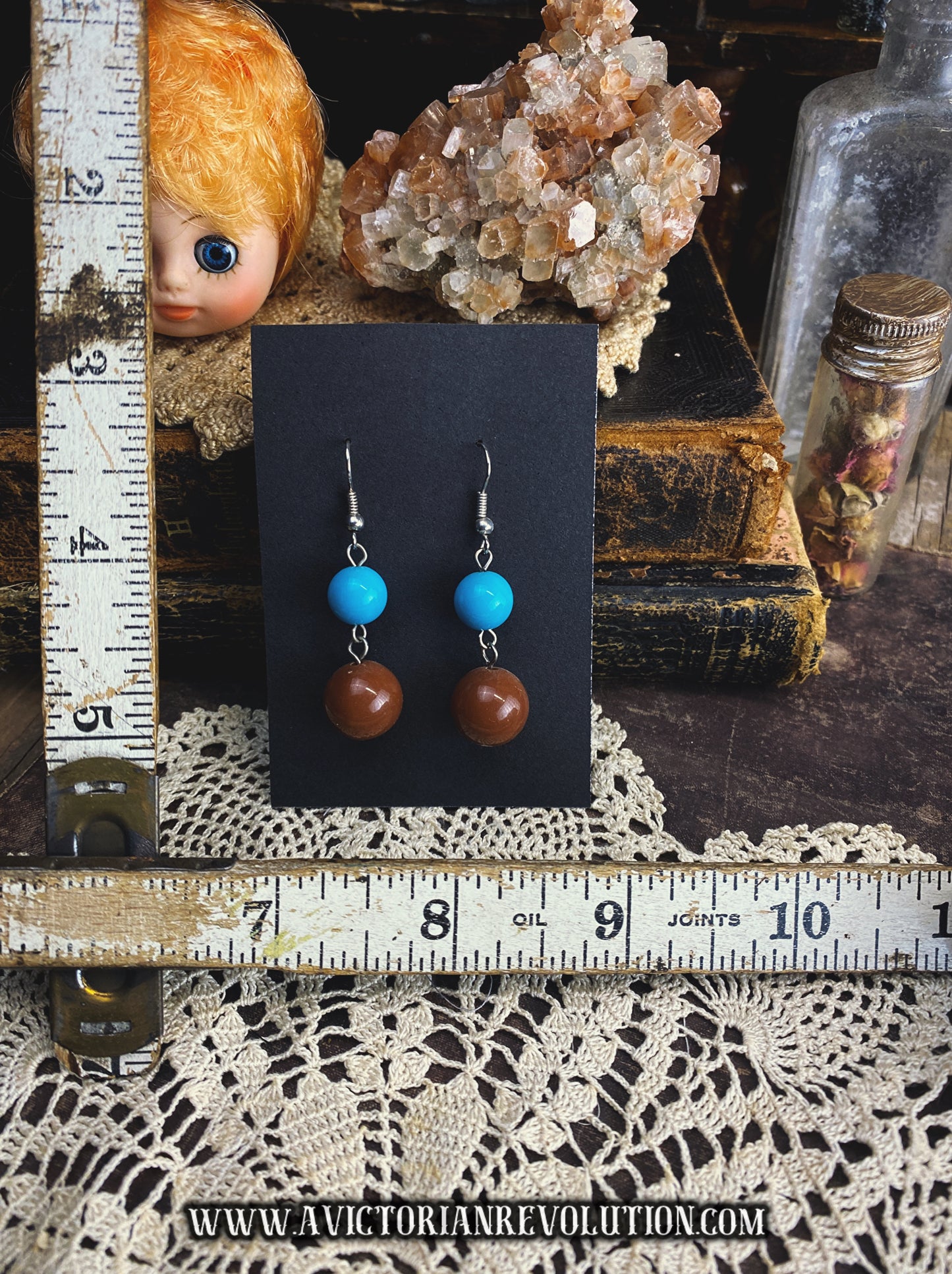 Turquoise and Earthy Brown Double Bead Dangle Earrings - Boho Chic - Vintage 1990s Era - Handmade Style, Used Jewelry, Retro Accessories