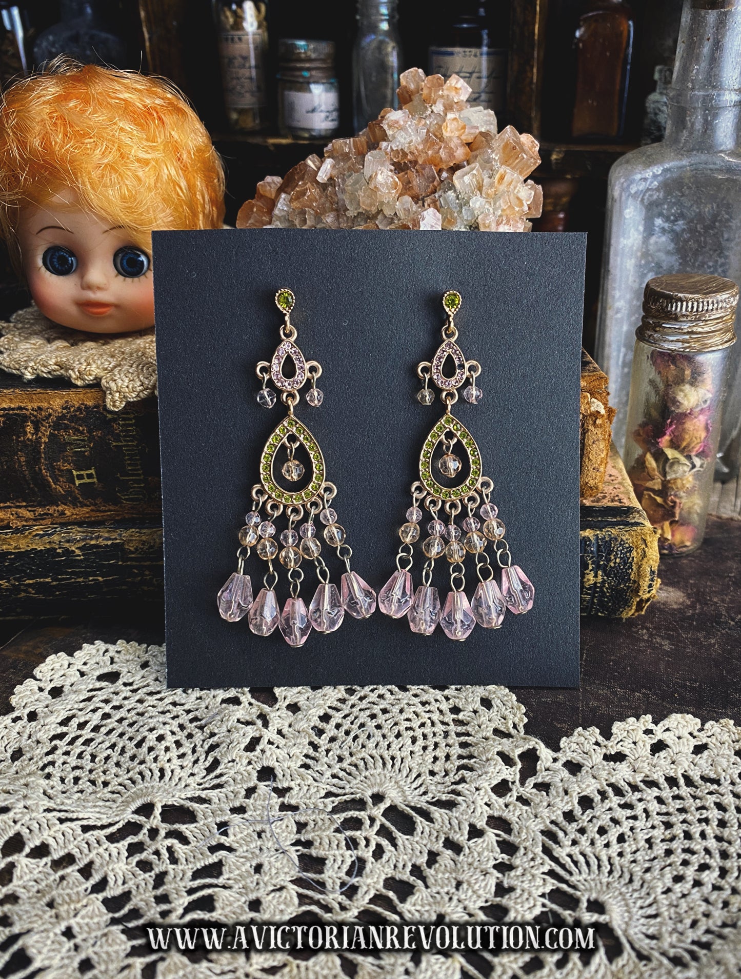 Shimmering Pink and Green Crystal Chandelier Earrings - Vintage Bohemian Style - Dangle Drop Teardrop Beads - Gold Tone Retro Statement Jewelry - Use