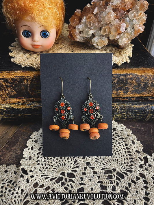 Antique Bronze Filigree - Burnt Orange Crystal - Terracotta Bead - Boho Vintage Style - Handmade Earrings
