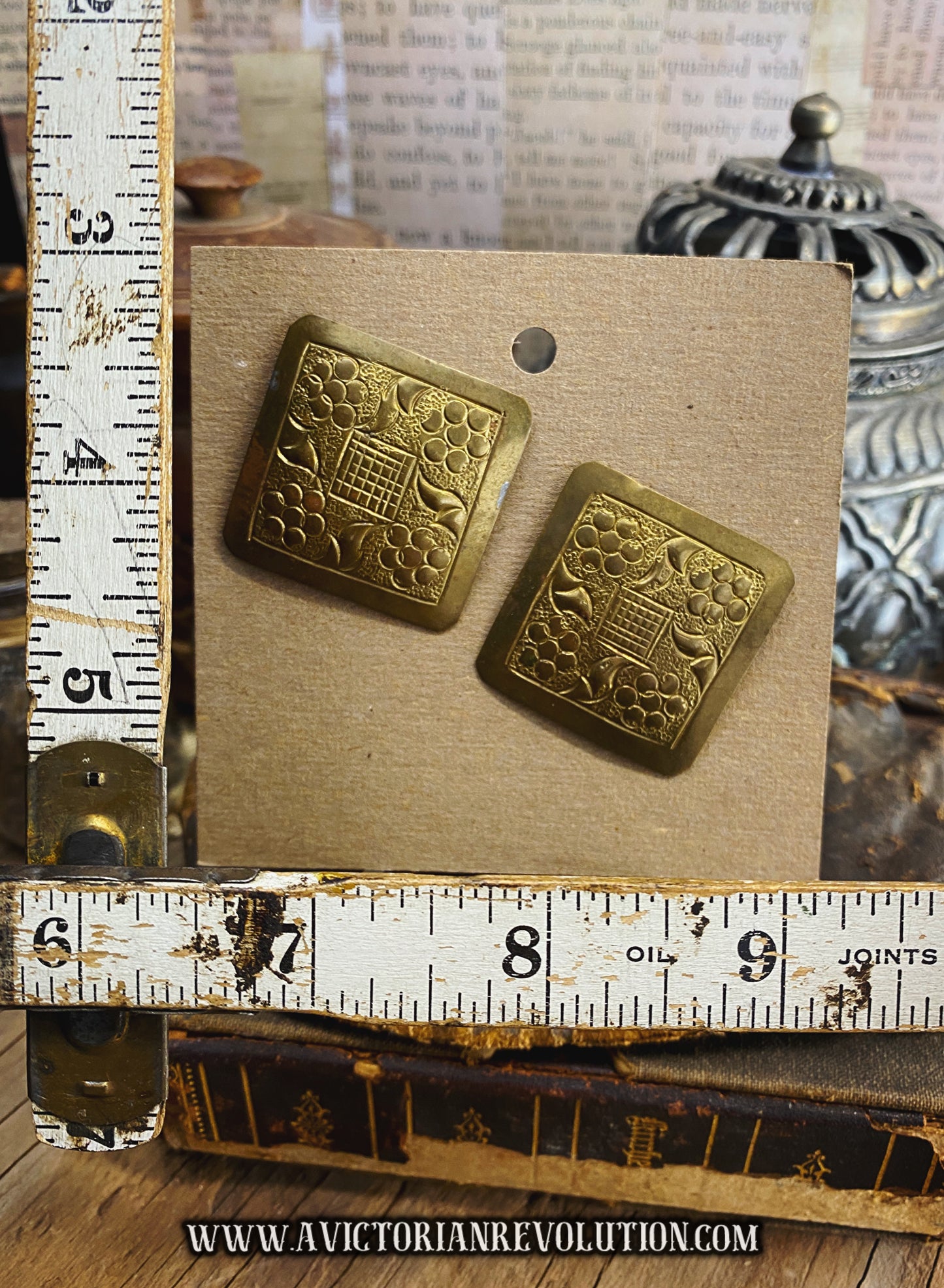 Vintage Stamped Metal Square Clip On Earrings - Gold Tone - Floral and Grid Pattern - Used - Vintage