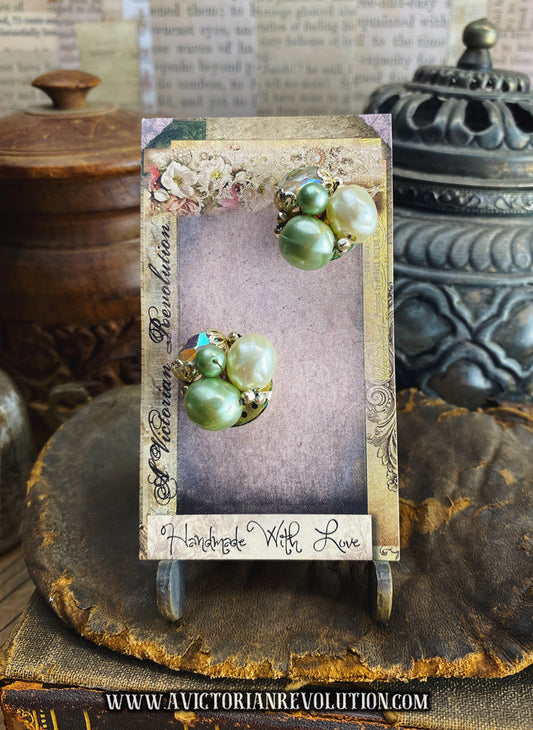 Green and Cream - Beaded Cluster Style - Vintage - Faux Pearl - Clip On Earrings