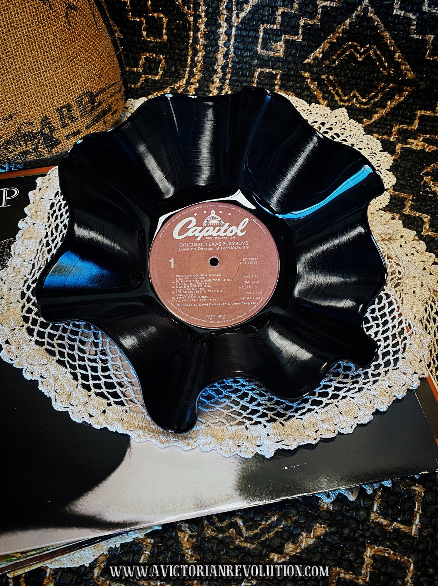 Leon McAuliffe & The Original Texas Playboys - Original Texas Playboys - 1979 - Capitol Records - Western Swing - Salvaged + Upcycled Vinyl LP Record Album - Decorative Bowl