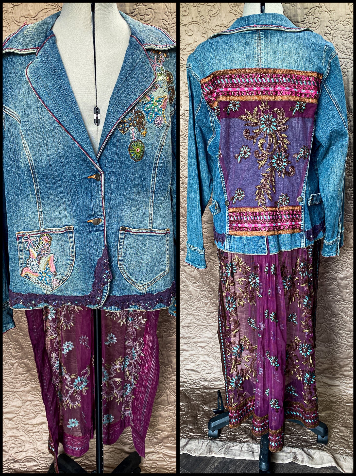 Blue + Purple Upcycled Denim Jacket with Sheer Embroidered Skirt - Boho Chic Artisan Wear - Plus Size 18/20 - Embellished - One-of-a-Kind - Floral Embroidery + Lace Trim