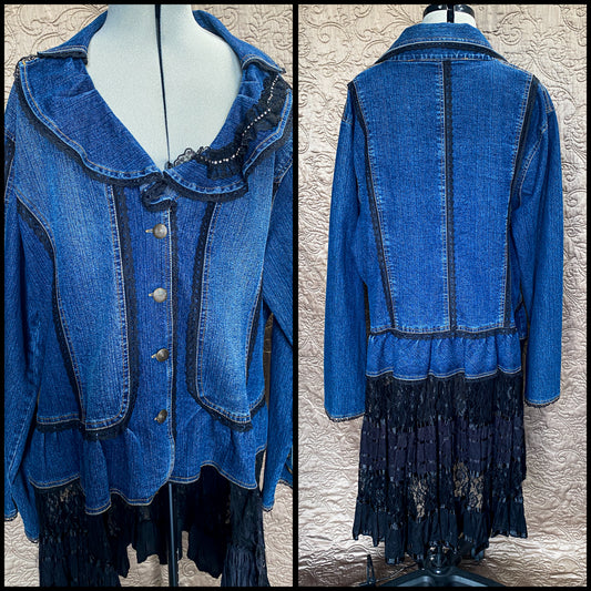 Ladies Upcycled Denim and Black Lace Jacket -3XL