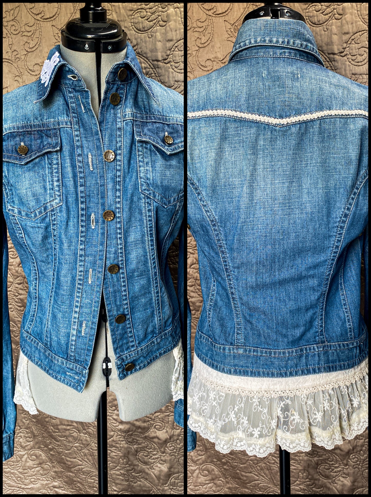 Denim Upcycled Jacket with Lace Trim - Boho Shabby Chic - Size Small - Vintage Style - Cropped Fit - Hand Embellished