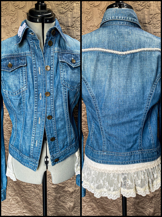 Denim Upcycled Jacket with Lace Trim - Boho Shabby Chic - Size Small - Vintage Style - Cropped Fit - Hand Embellished
