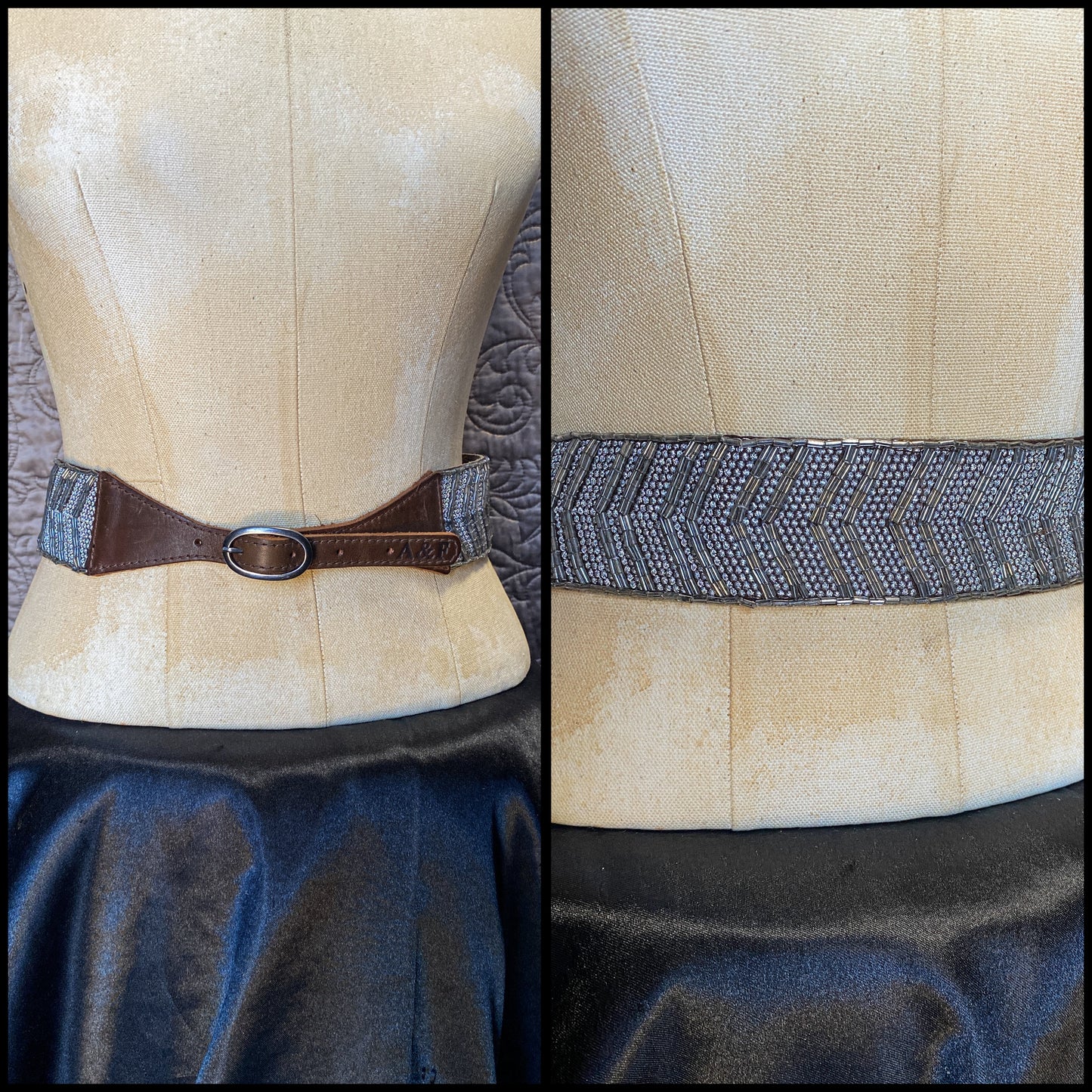 Beaded Brown, Grey and silver Leather Belt - Y2K Bohemian Style - Abercrombie + Fitch - Seed Bead Chevron Pattern - Genuine Leather - Western Accessory