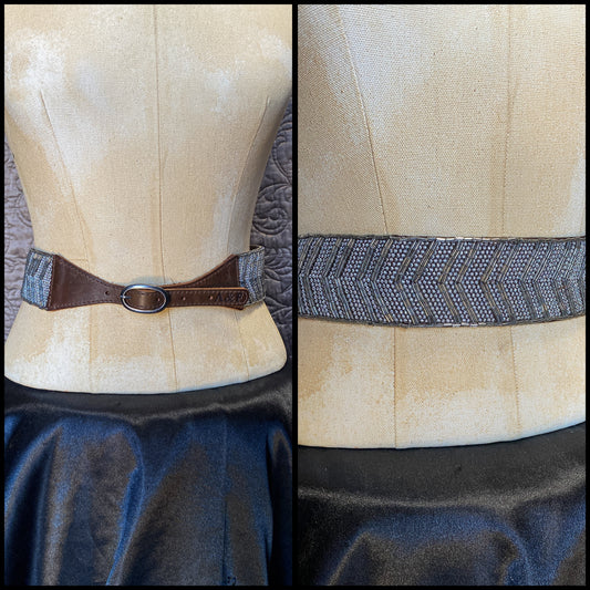 Beaded Brown, Grey and silver Leather Belt - Y2K Bohemian Style - Abercrombie + Fitch - Seed Bead Chevron Pattern - Genuine Leather - Western Accessory