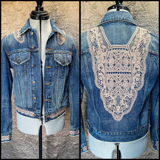 Upcycled Denim Jacket, Shabby Victorian Boho, Small, Crochet Lace Applique, Distressed Jean Jacket