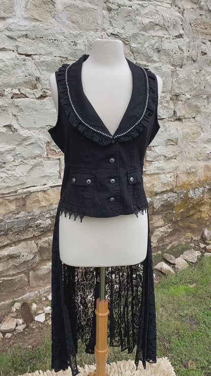 Black Vest with Crystal Collar and Long Black Lace Skirt - Medium