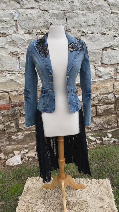 Denim Jacket with Black Lace Appliques and Long Black Lace Skirt XS