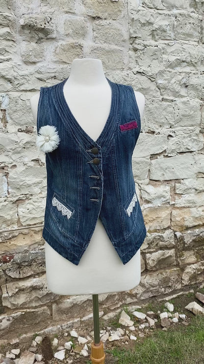 Denim Vest with White Flower - Medium